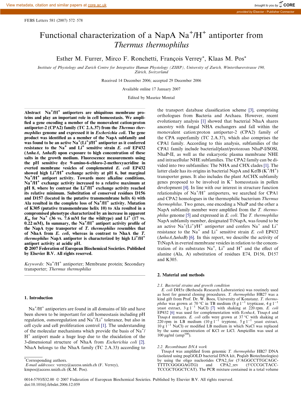 Antiporter from Thermus Thermophilus