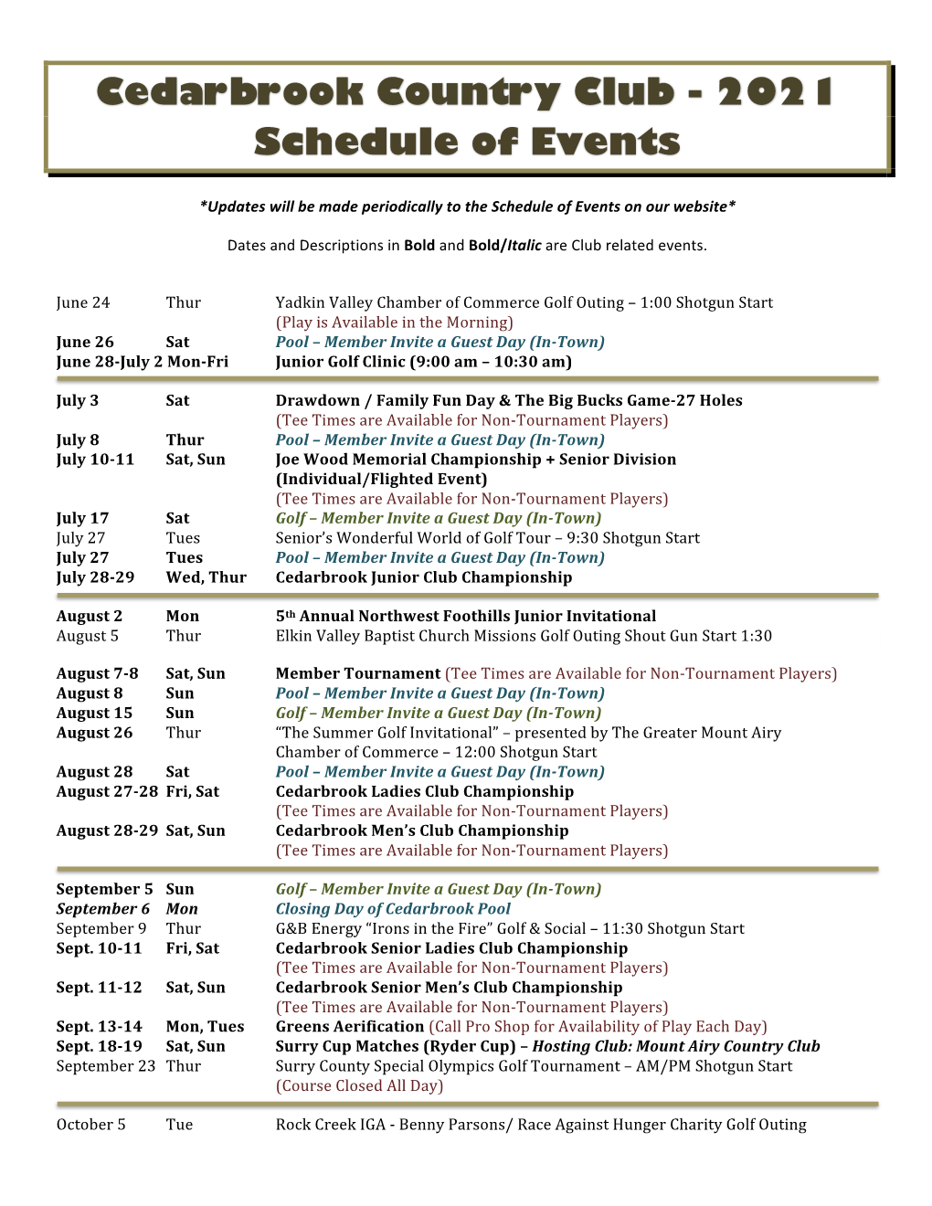 2021 Schedule of Events