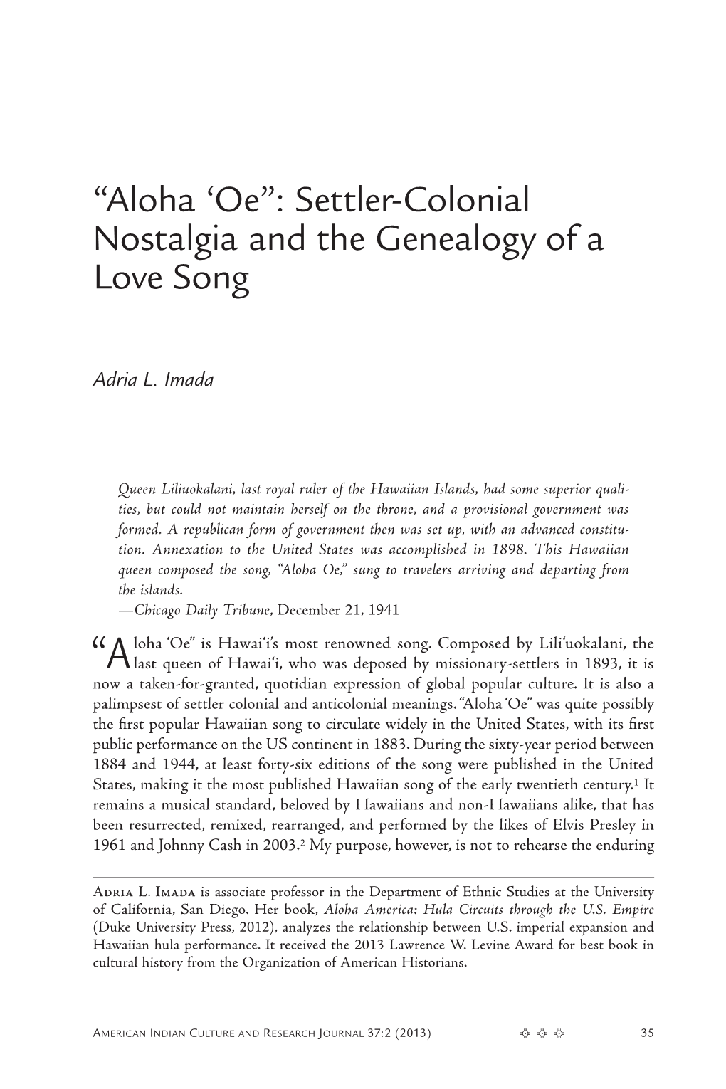 “Aloha 'Oe”: Settler-Colonial Nostalgia and the Genealogy of a Love Song