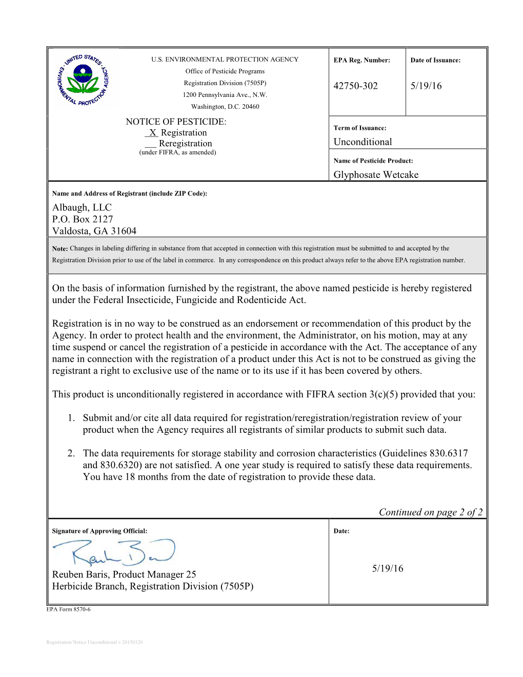 US EPA, Pesticide Product Label, GLYPHOSATE WETCAKE,05/19
