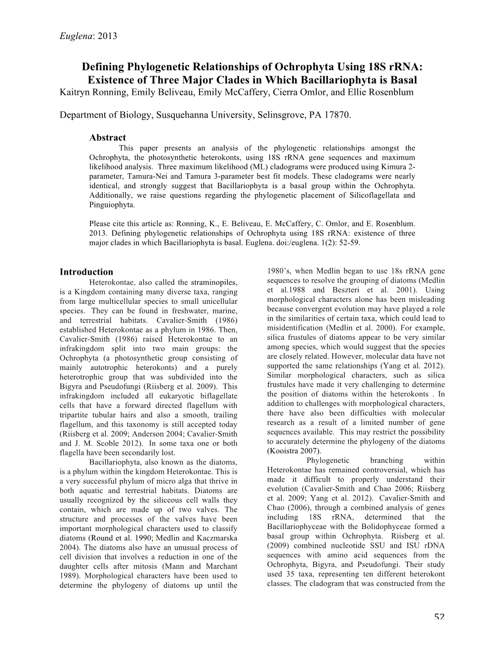 Defining Phylogenetic Relationships of Ochrophyta Using 18S Rrna