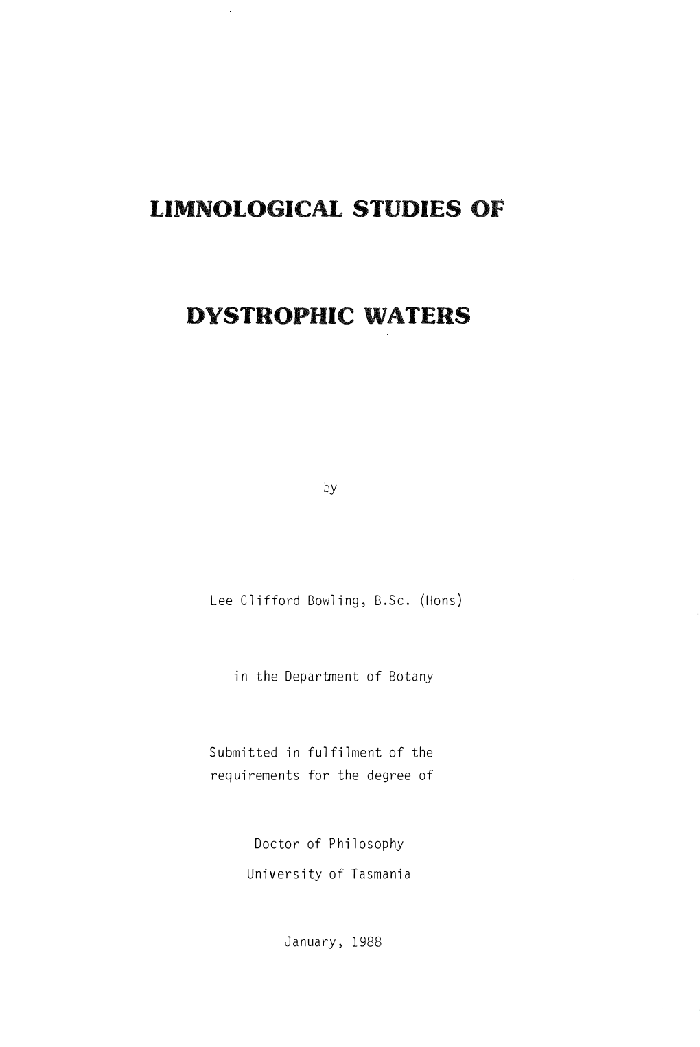 Limnological Studies of Dystrophic Waters