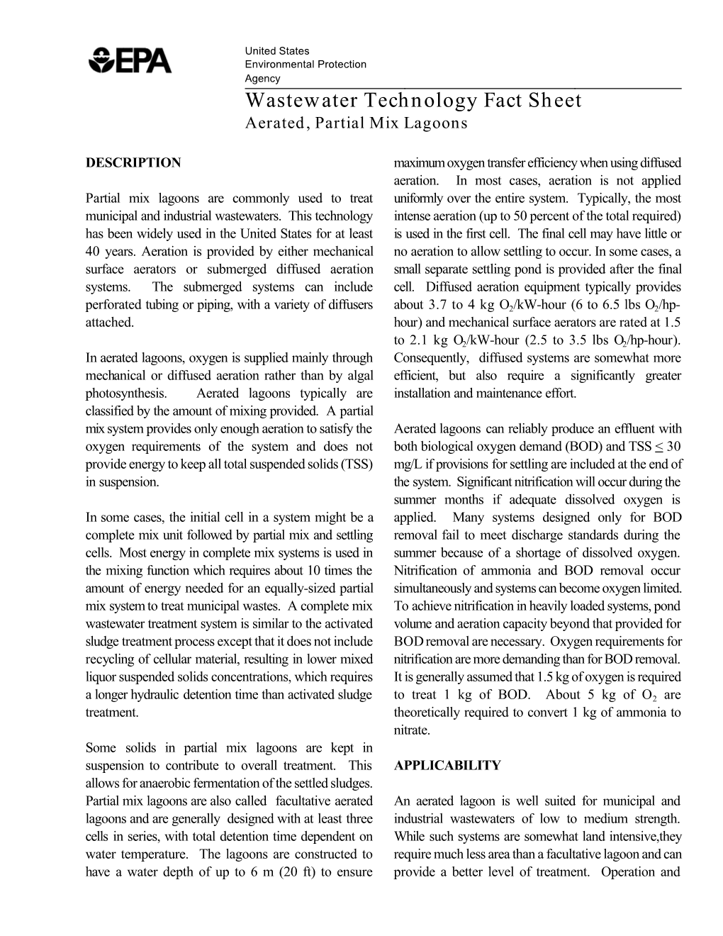 Wastewater Technology Fact Sheet: Aerated, Partial Mix Lagoons