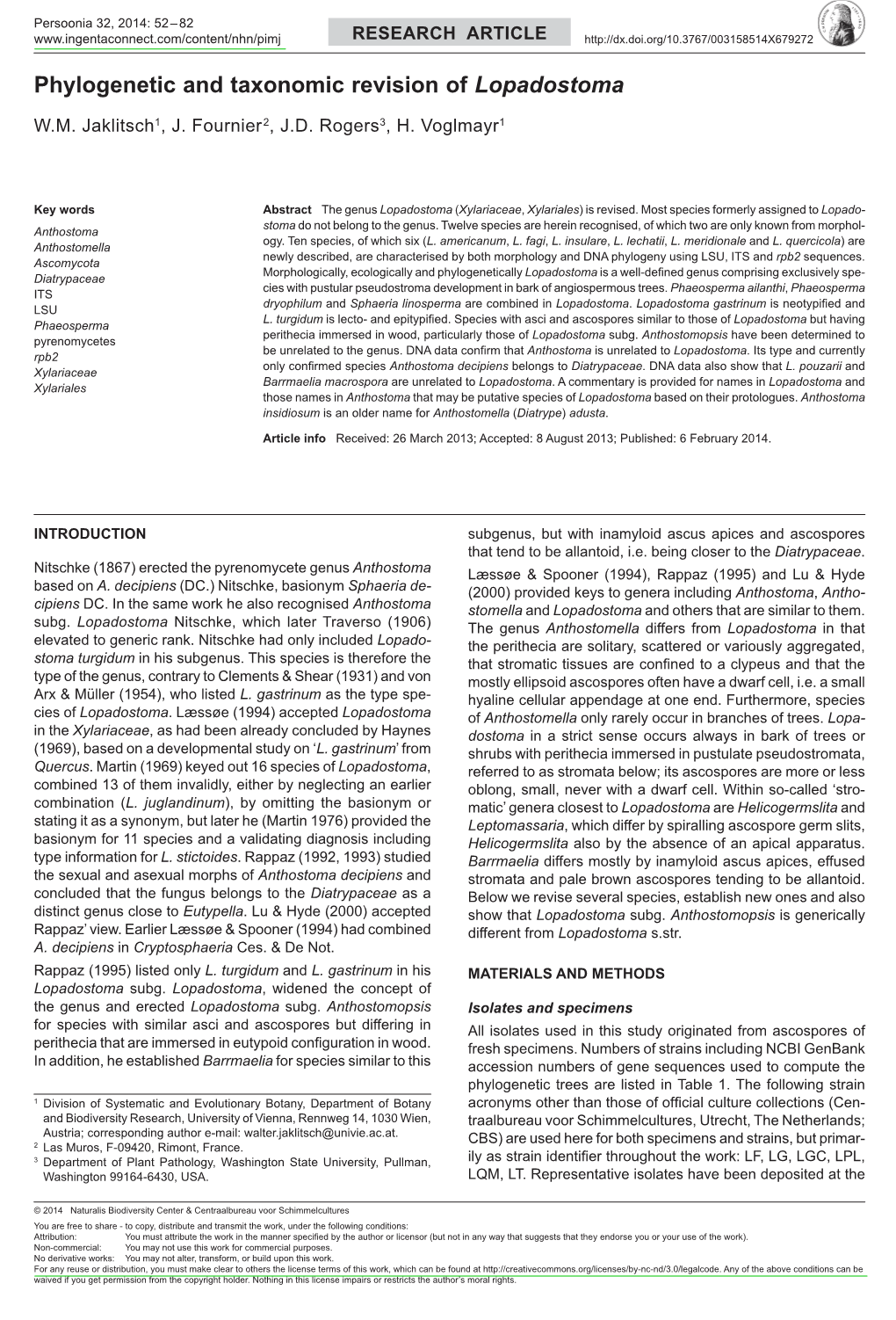 Phylogenetic and Taxonomic Revision of Lopadostoma