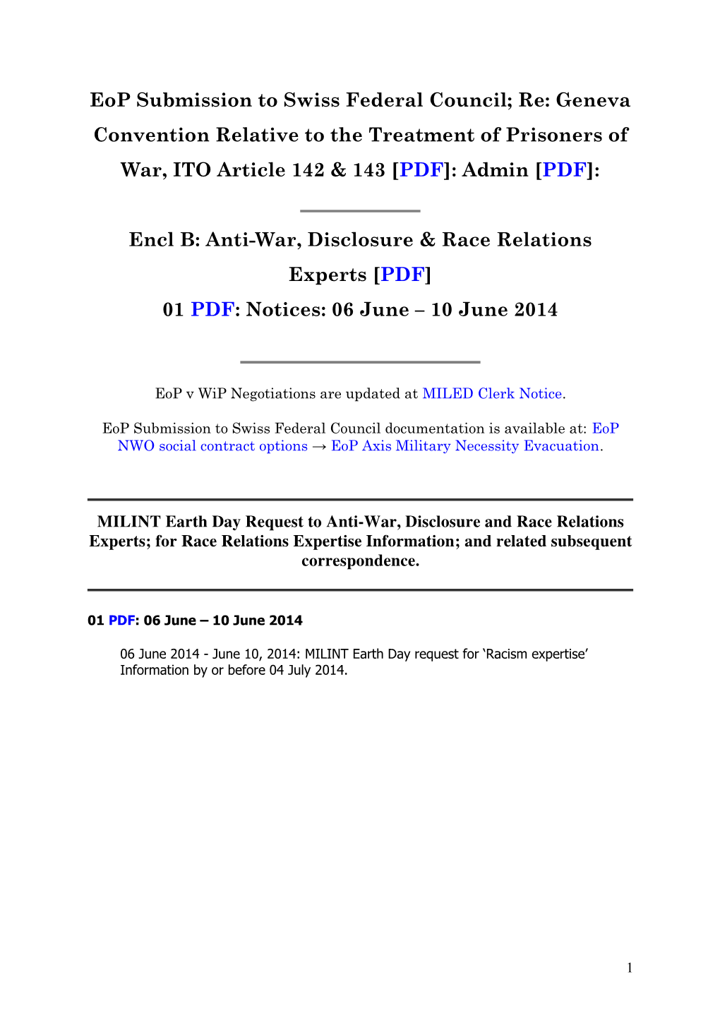 Eop Submission to Swiss Federal Council; Re: Geneva Convention Relative to the Treatment of Prisoners of War, ITO Article 142 & 143 [PDF]: Admin [PDF]