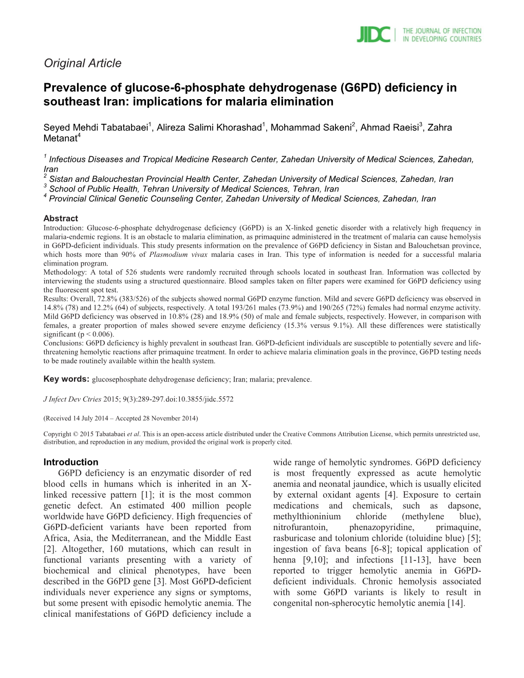 Original Article Prevalence of Glucose-6-Phosphate Dehydrogenase