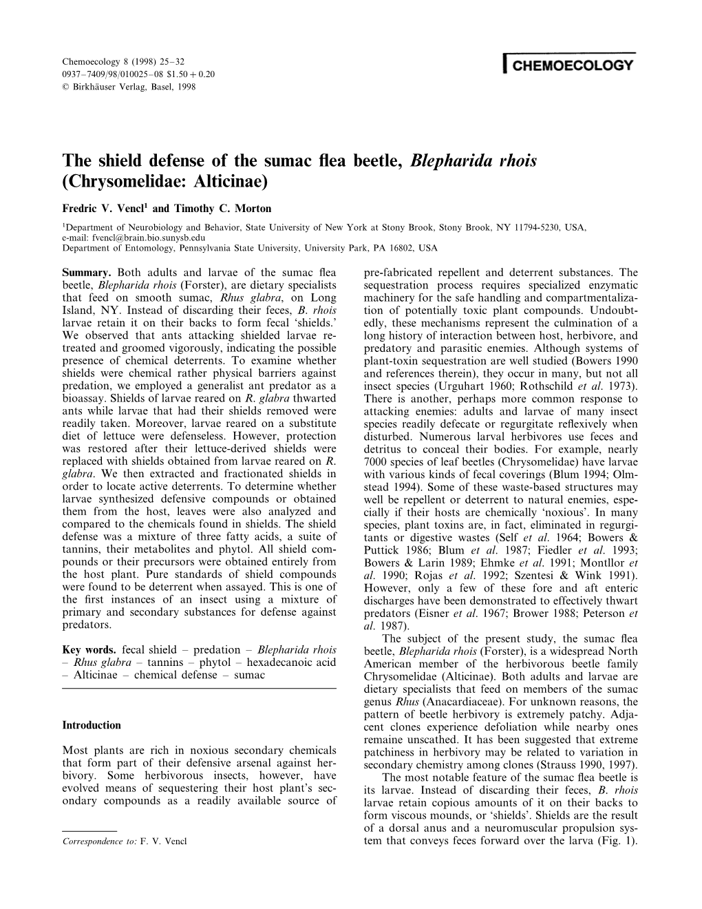 The Shield Defense of the Sumac Flea Beetle, Blepharida Rhois