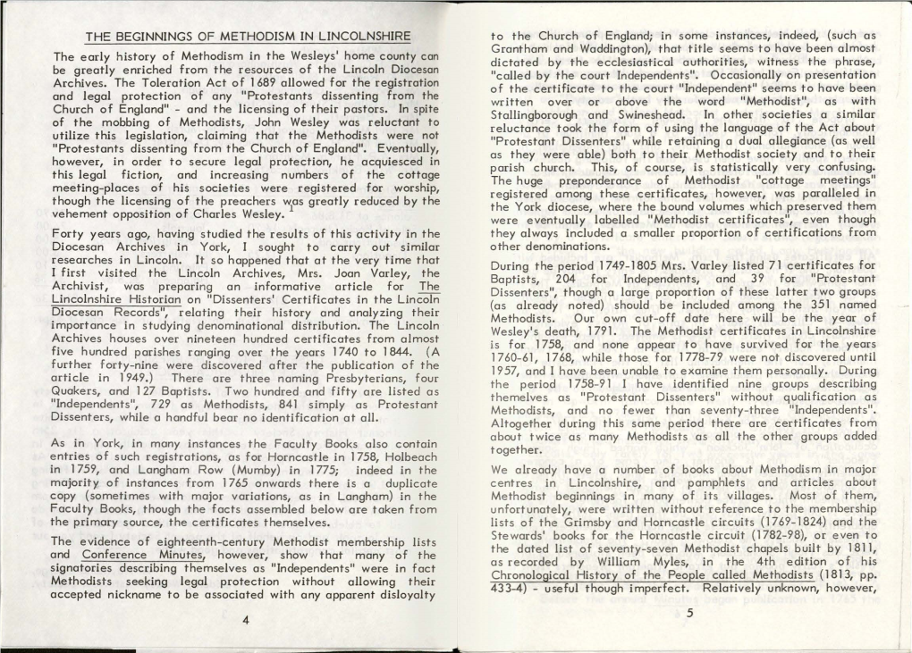 THE BEGINNINGS of METHODISM in LINCOLNSHIRE the Early