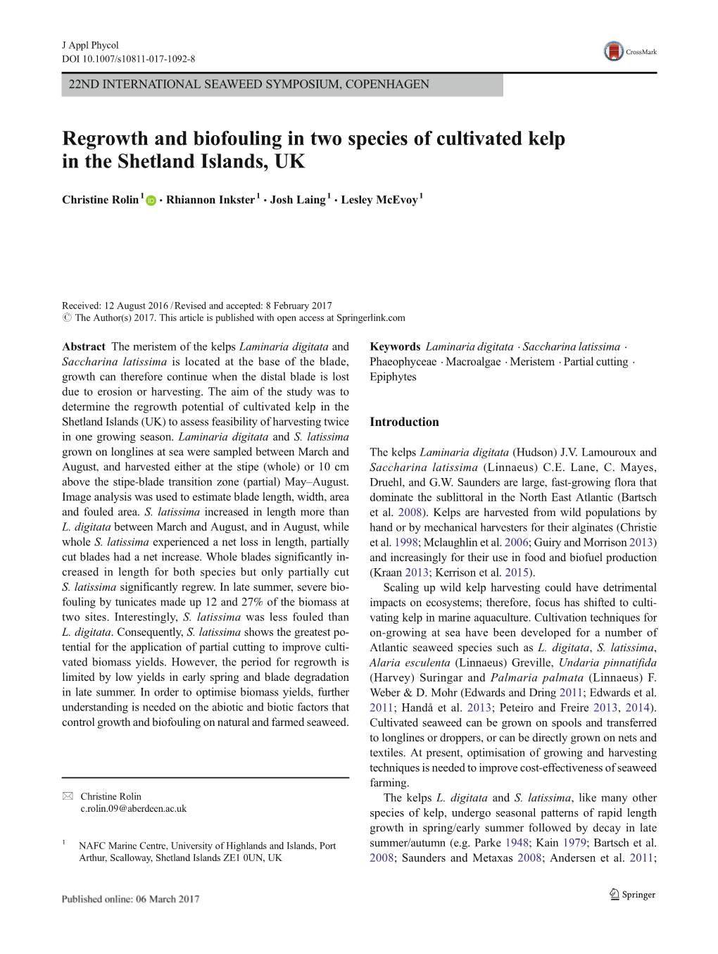 Regrowth and Biofouling in Two Species of Cultivated Kelp in the Shetland Islands, UK