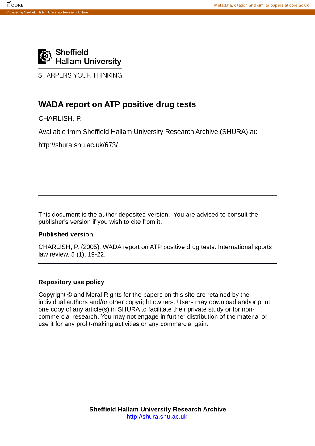WADA Report on ATP Positive Drug Tests CHARLISH, P