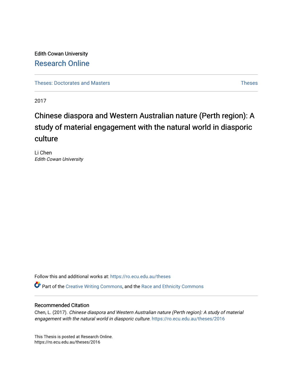 Chinese Diaspora and Western Australian Nature (Perth Region): a Study of Material Engagement with the Natural World in Diasporic Culture