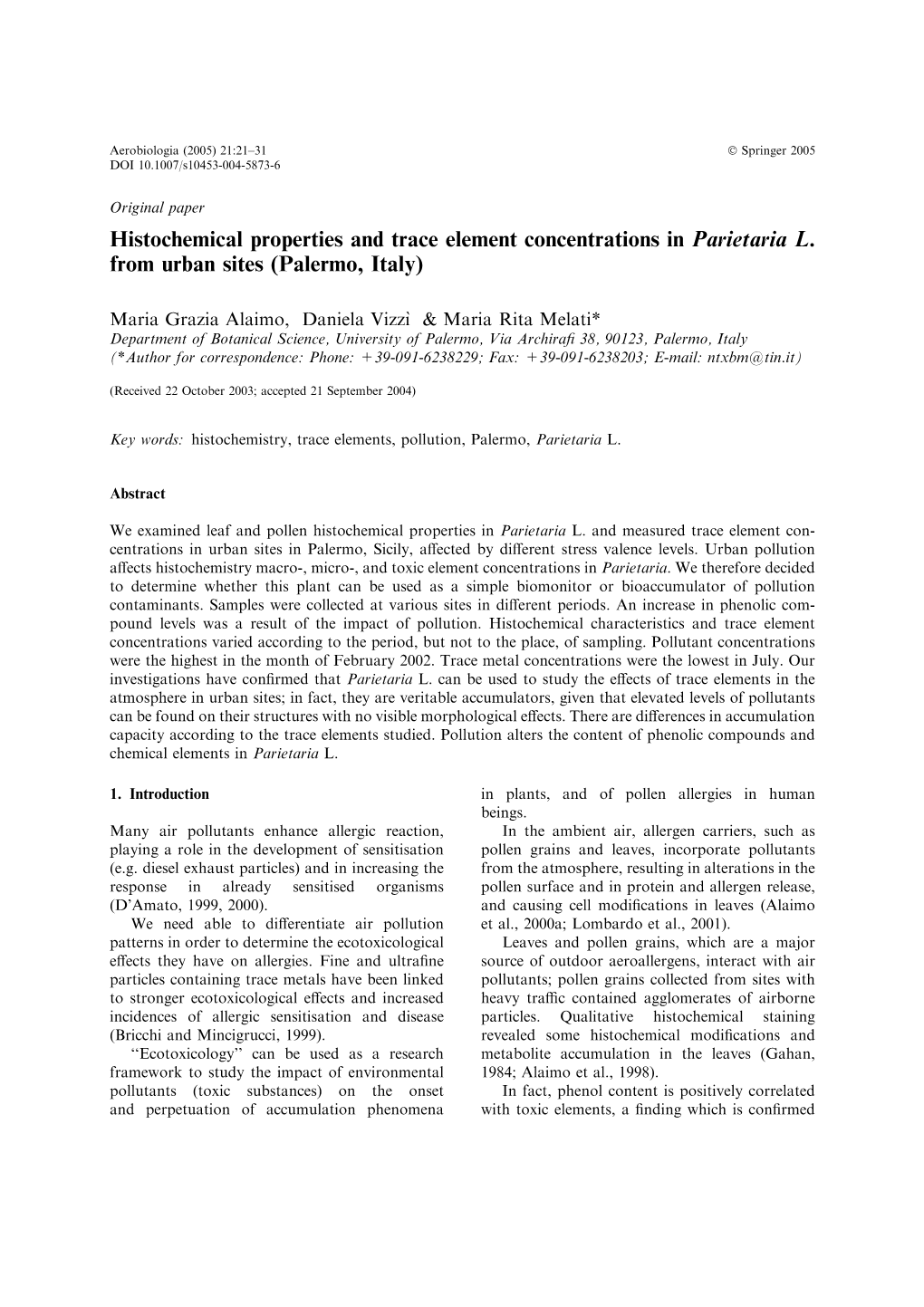 Histochemical Properties and Trace Element Concentrations in Parietaria L