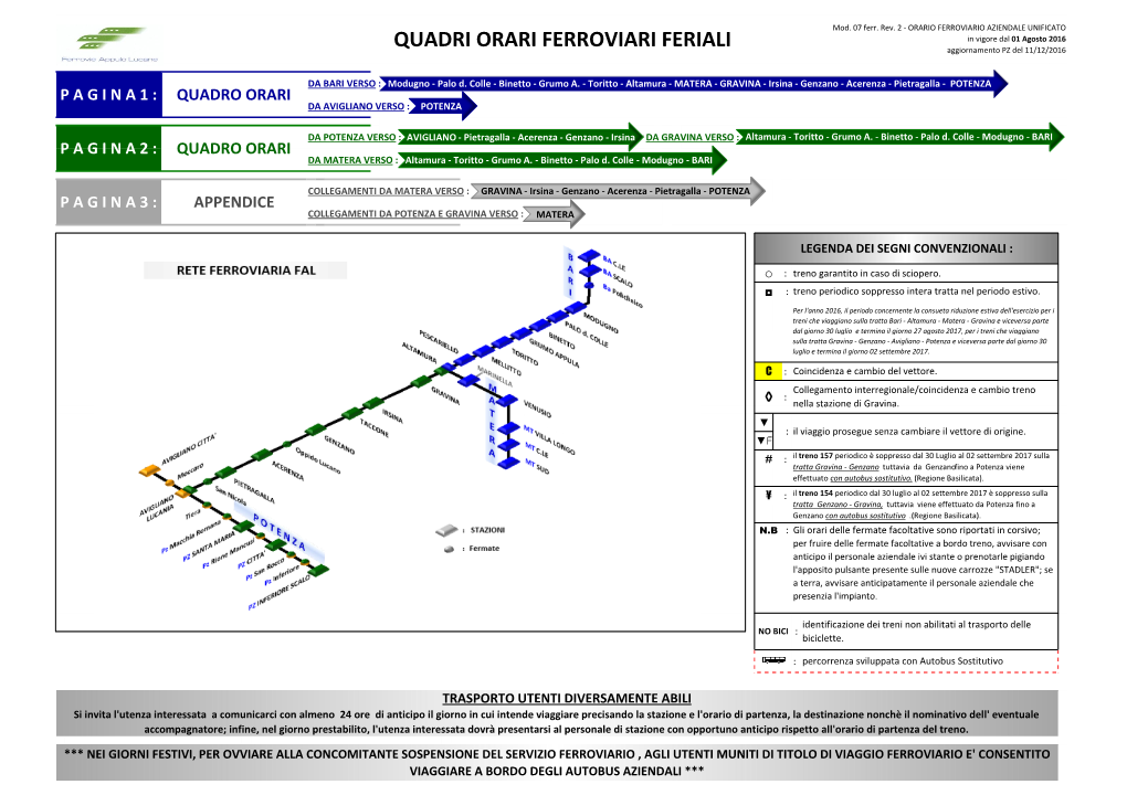 QUADRI ORARI FERROVIARI FERIALI Aggiornamento PZ Del 11/12/2016