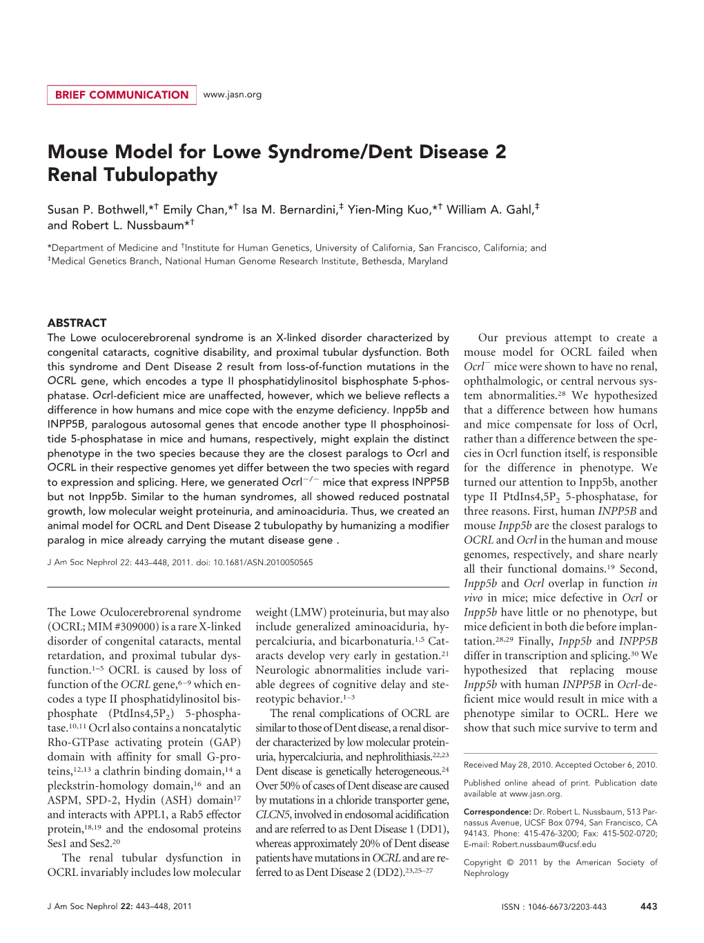 Mouse Model for Lowe Syndrome/Dent Disease 2 Renal Tubulopathy