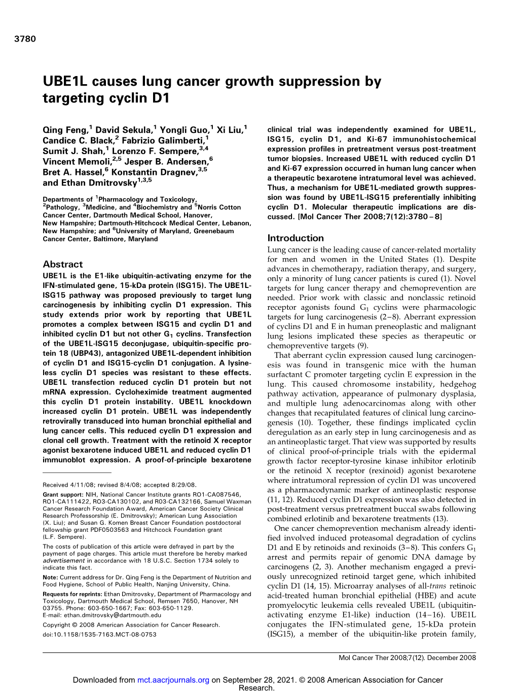 UBE1L Causes Lung Cancer Growth Suppression by Targeting Cyclin D1