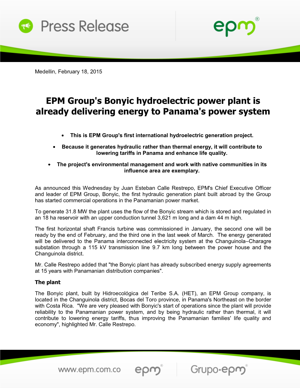EPM Group's Bonyic Hydroelectric Power Plant Is Already Delivering Energy to Panama's Power System