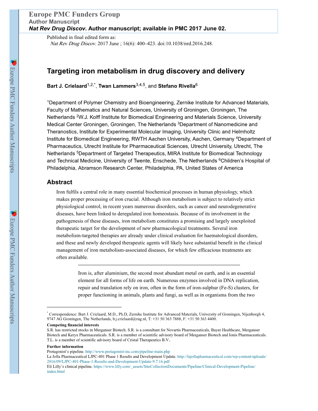 Targeting Iron Metabolism in Drug Discovery and Delivery