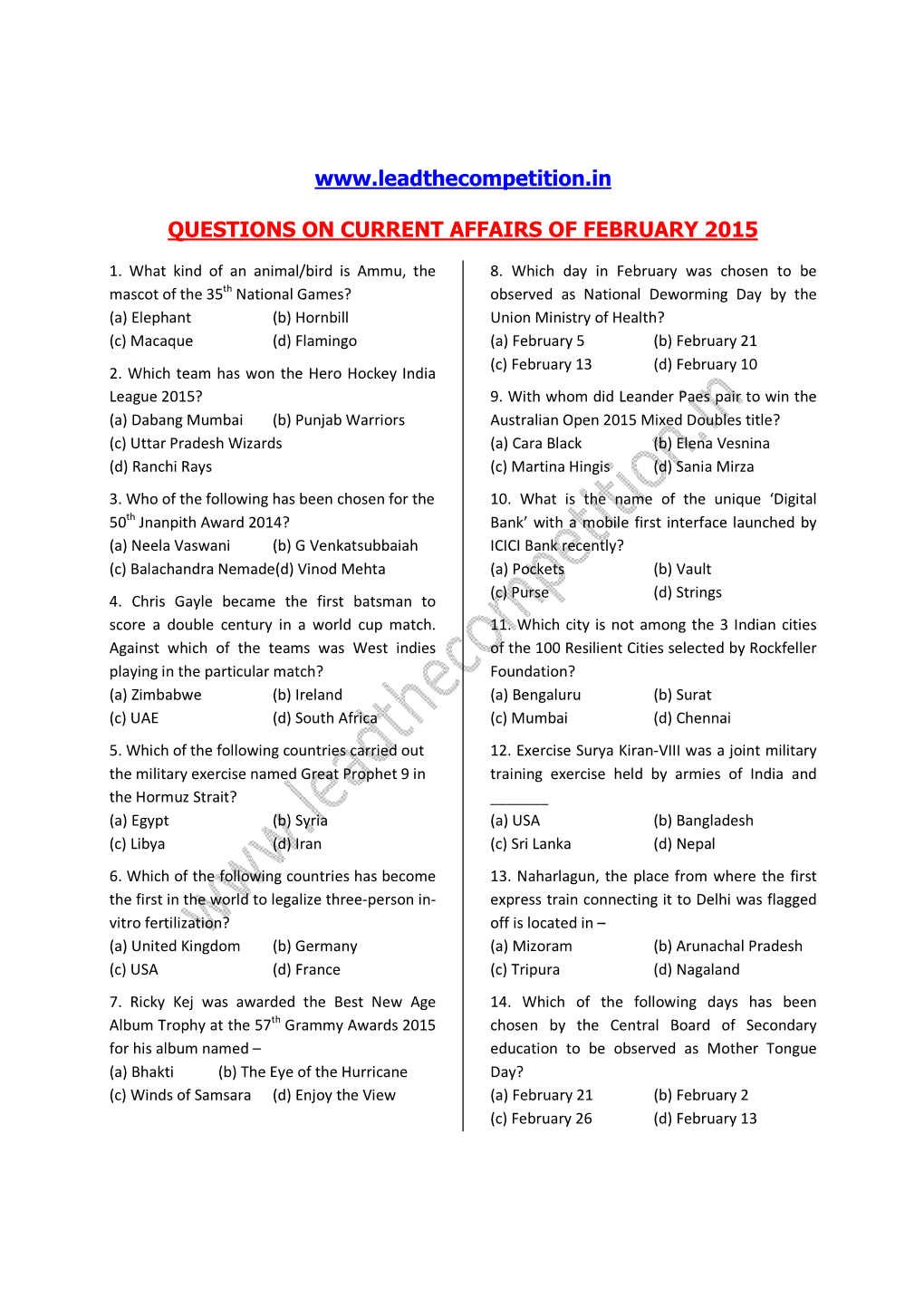 Questions on Current Affairs of February 2015