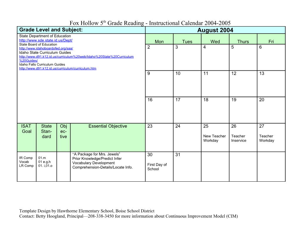 Fox Hollow 5Th Grade Reading - Instructional Calendar 2004-2005