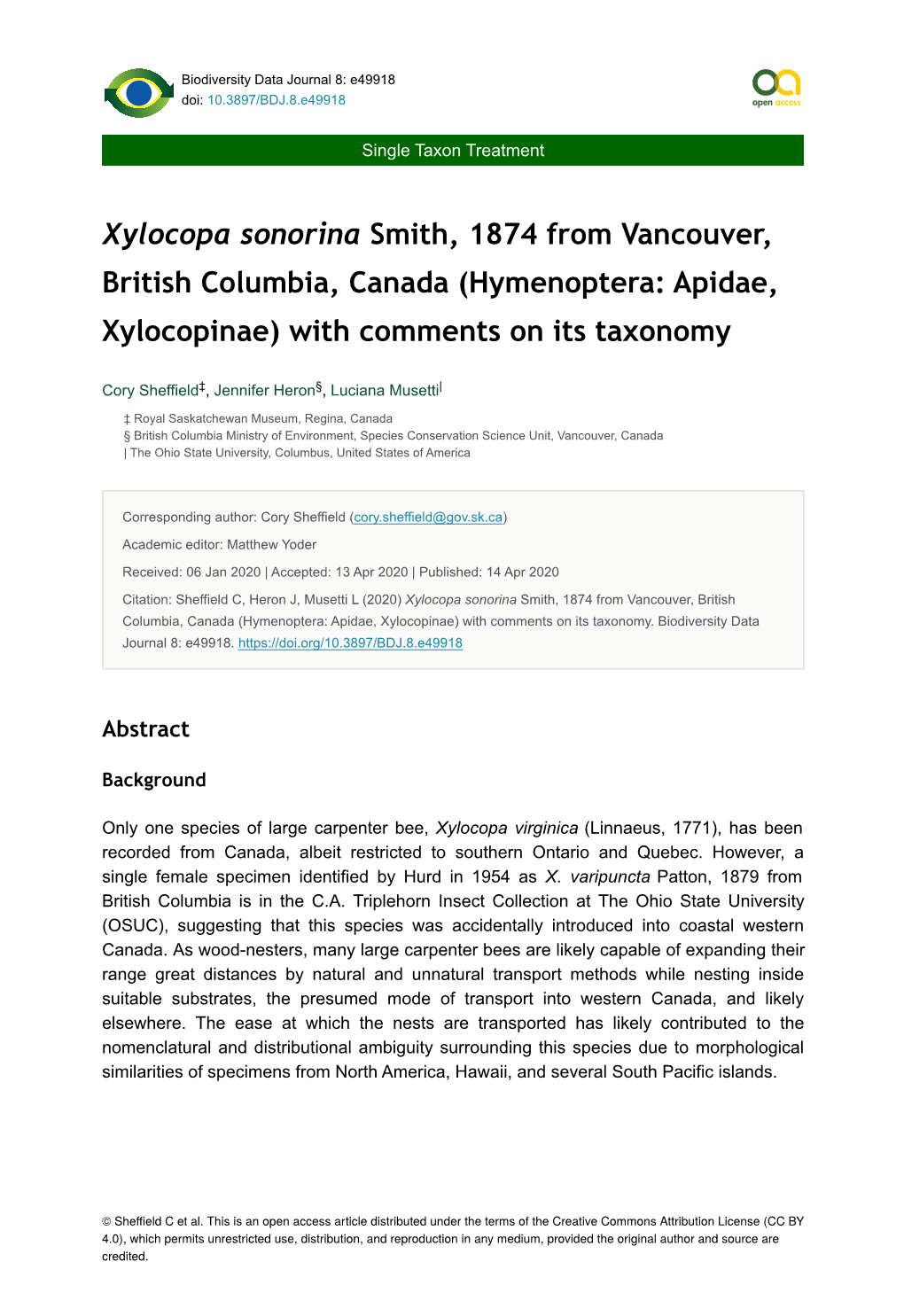 Hymenoptera: Apidae, Xylocopinae) with Comments on Its Taxonomy