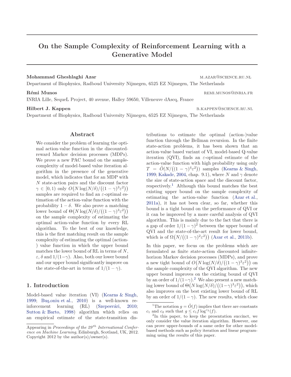 On the Sample Complexity of Reinforcement Learning with a Generative Model