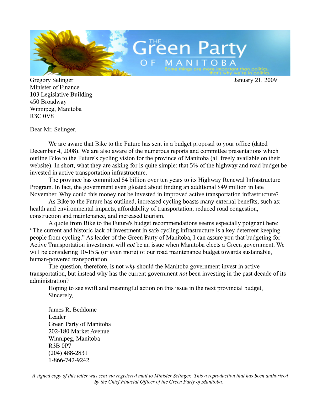 Support for the Letter from the Green Party of Manitoba