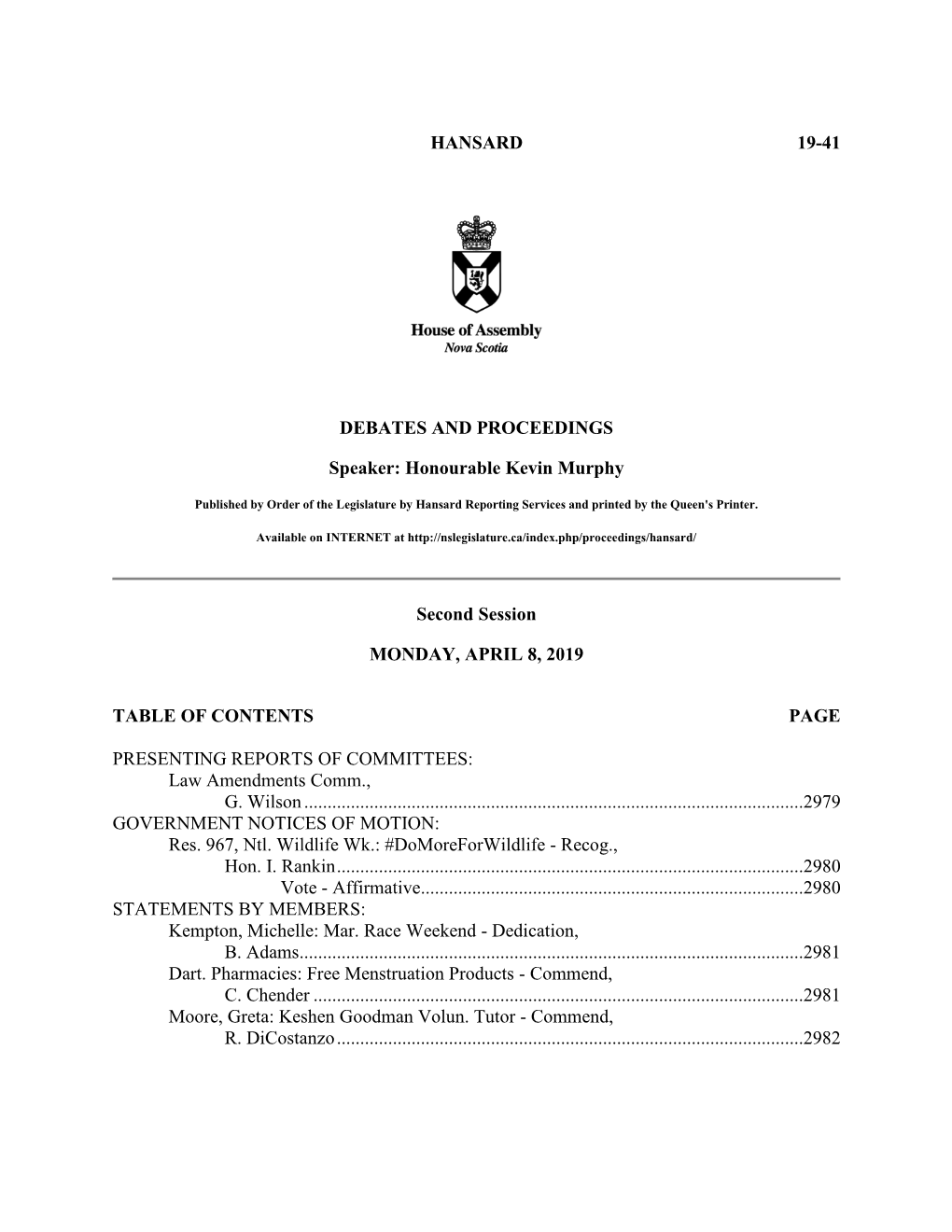 HANSARD 19-41 DEBATES and PROCEEDINGS Speaker