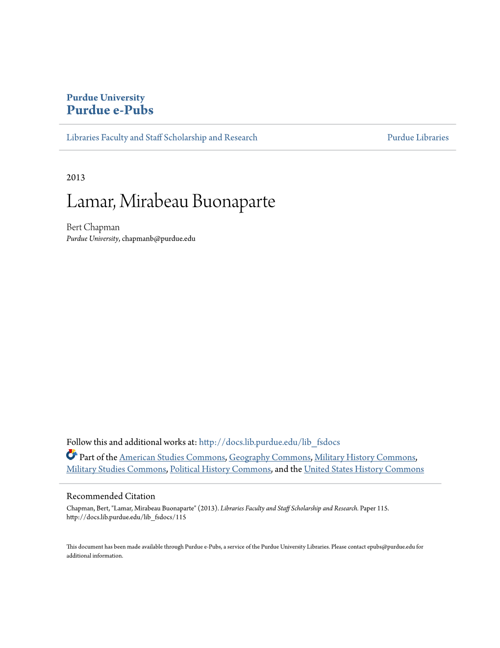 Lamar, Mirabeau Buonaparte Bert Chapman Purdue University, Chapmanb@Purdue.Edu