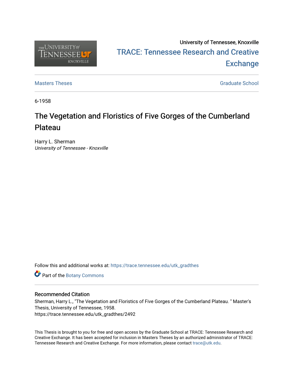 The Vegetation and Floristics of Five Gorges of the Cumberland Plateau