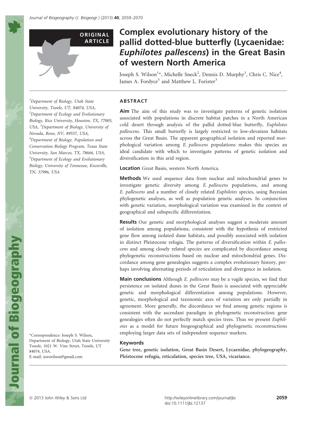 Lycaenidae: Euphilotes Pallescens) in the Great Basin of Western North America Joseph S