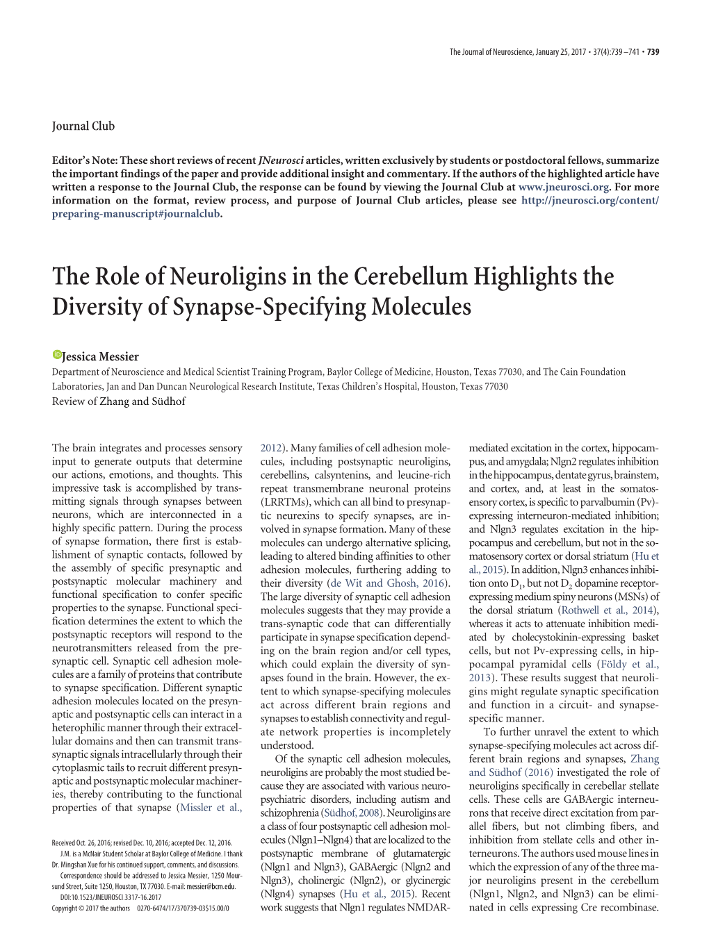 The Role of Neuroligins in the Cerebellum Highlights the Diversity of Synapse-Specifying Molecules