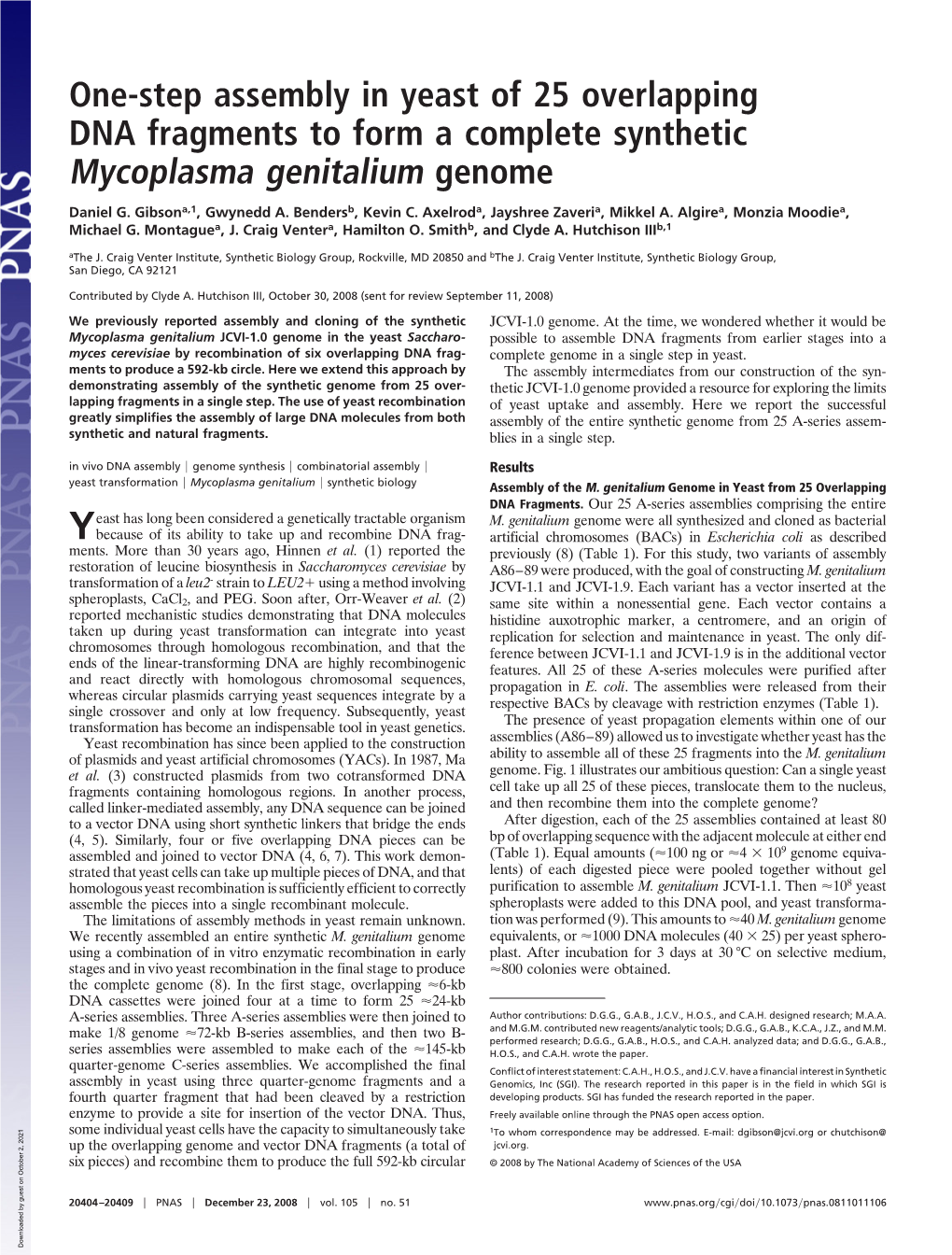 One-Step Assembly in Yeast of 25 Overlapping DNA Fragments to Form a Complete Synthetic Mycoplasma Genitalium Genome