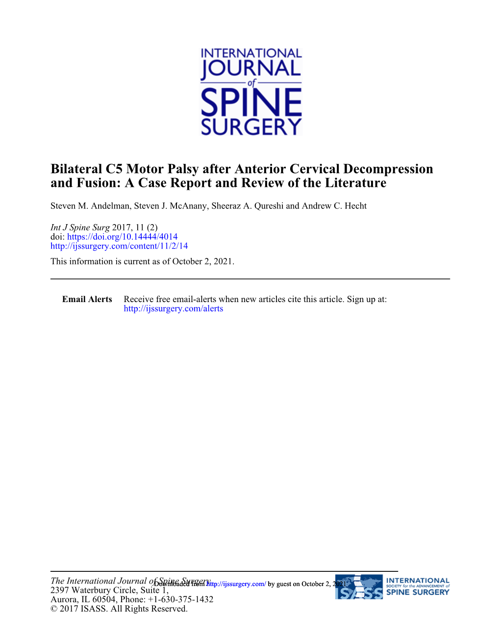 Bilateral C5 Motor Palsy After Anterior Cervical Decompression and Fusion: a Case Report and Review of the Literature