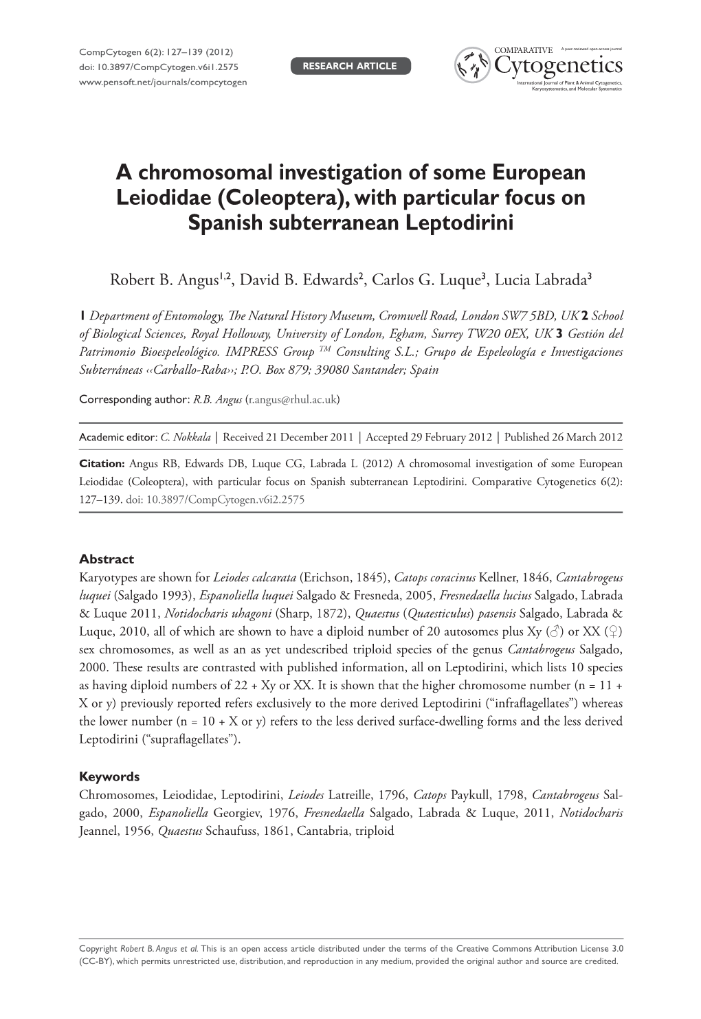 A Chromosomal Investigation of Some European Leiodidae (Coleoptera), with Particular Focus on Spanish Subterranean Leptodirini