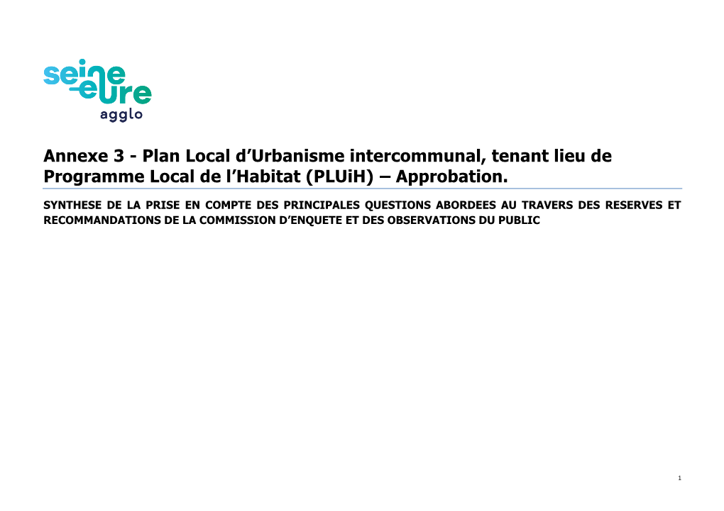 Annexe 3 - Plan Local D’Urbanisme Intercommunal, Tenant Lieu De Programme Local De L’Habitat (Pluih) – Approbation