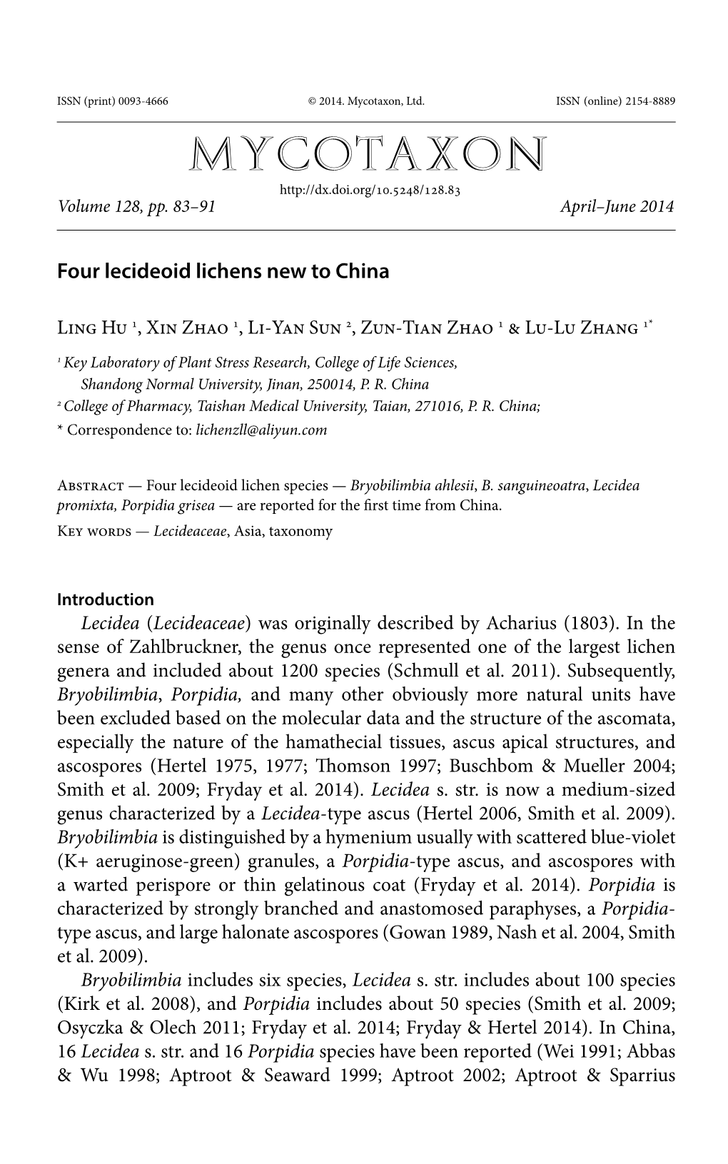 Four Lecideoid Lichens New to China