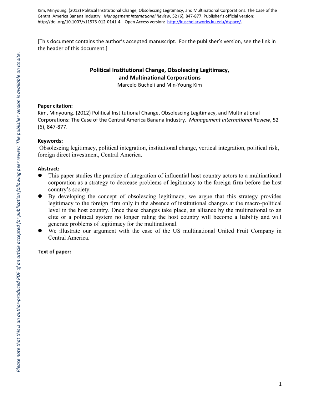 Political Institutional Change, Obsolescing Legitimacy, and Multinational Corporations: the Case of the Central America Banana Industry