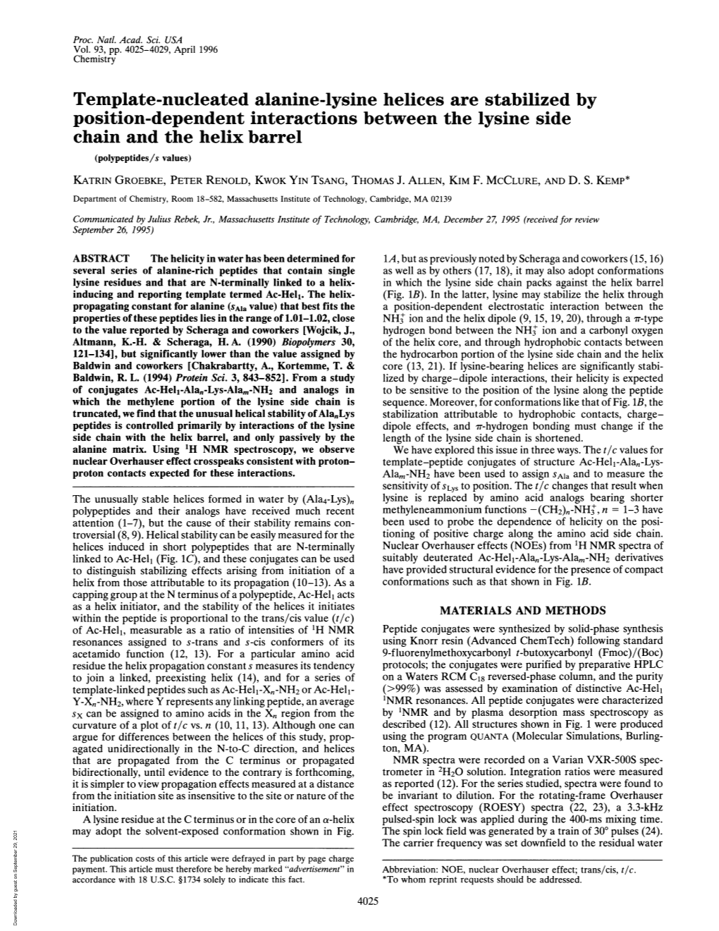 Template-Nucleated Alanine-Lysine Helices Are Stabilized by Position-Dependent Interactions Between the Lysine Side