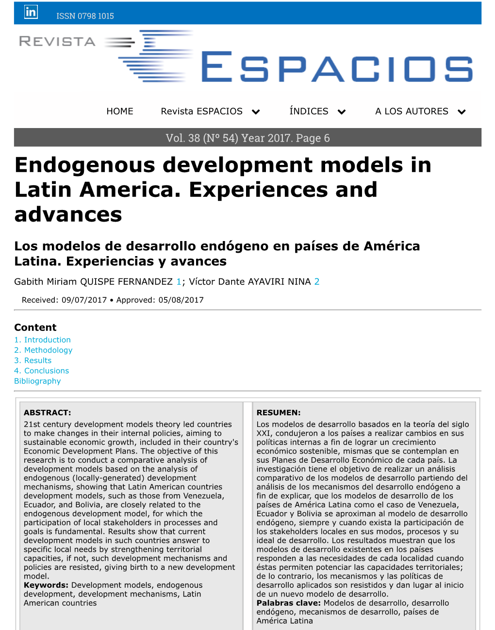 Endogenous Development Models in Latin America. Experiences and Advances