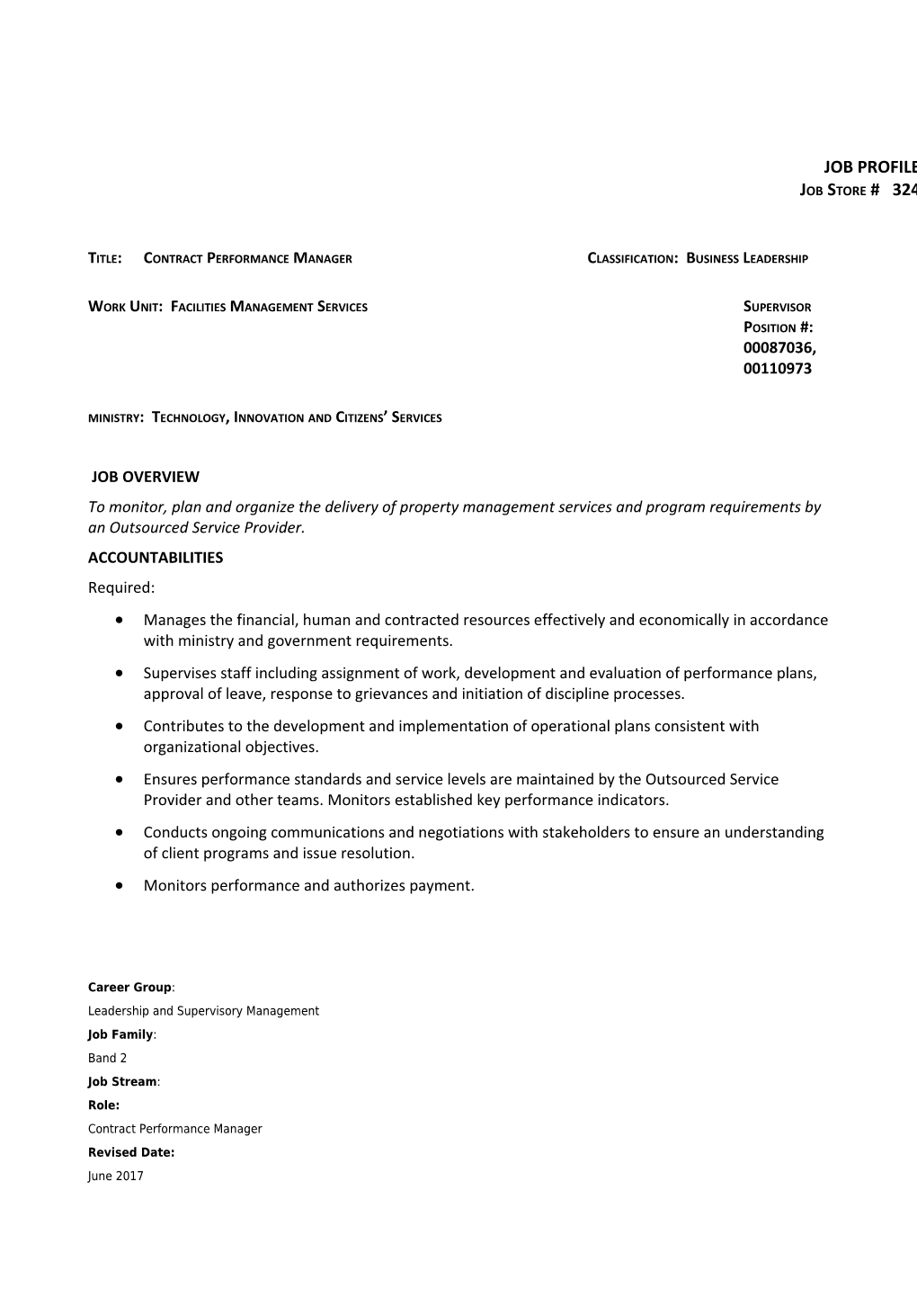 Title: Contract Performance Manager Classification: Business Leadership