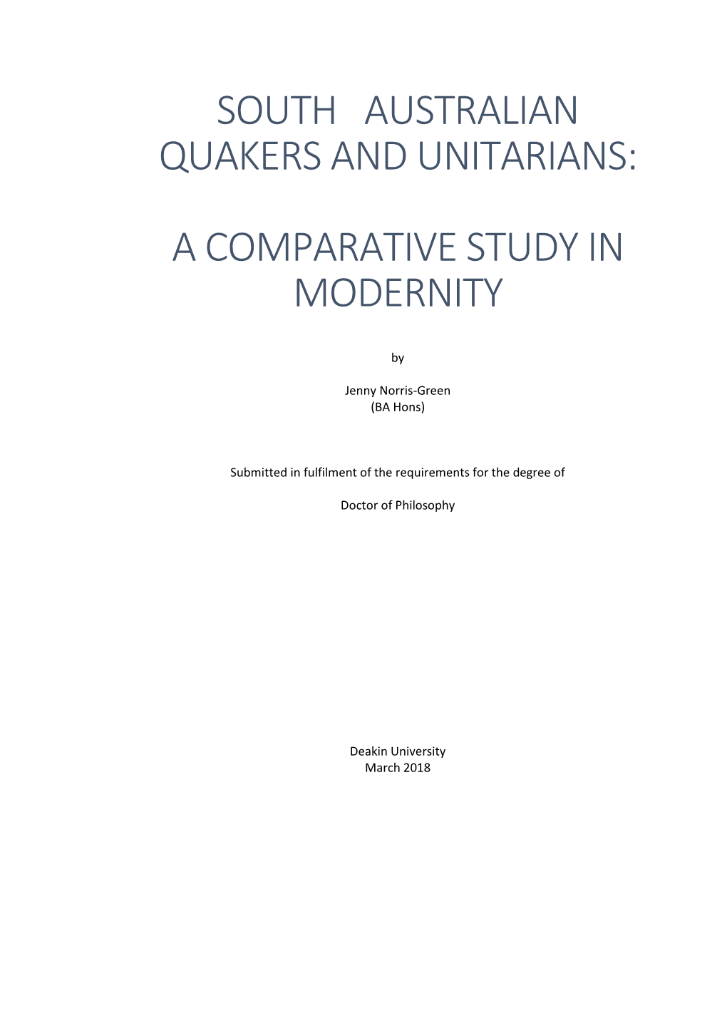 South Australian Quakers and Unitarians: a Comparative Study In