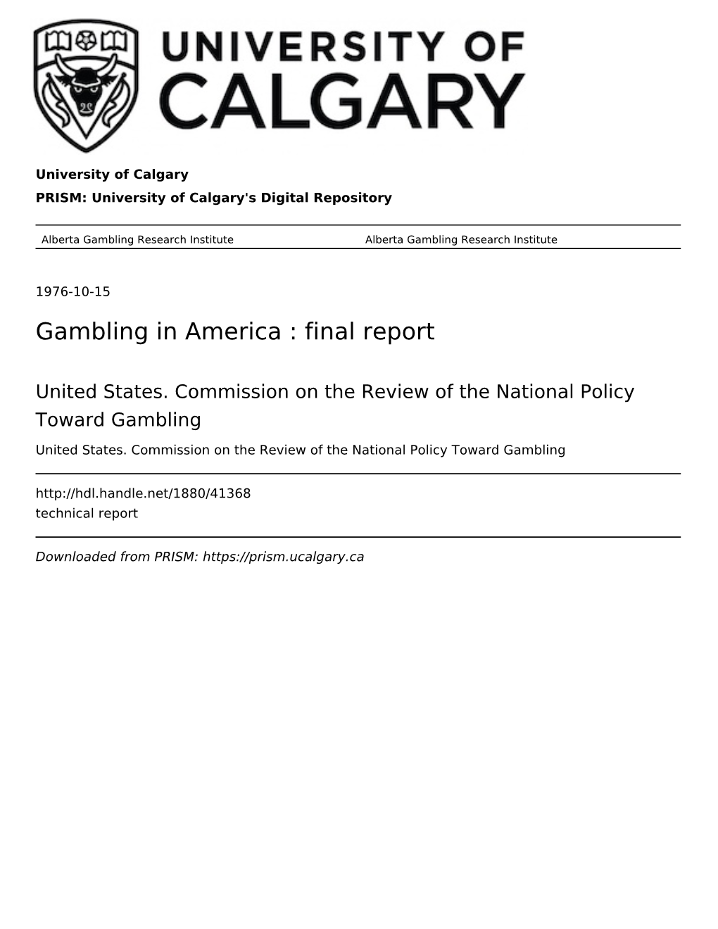 Gambling in America : Final Report