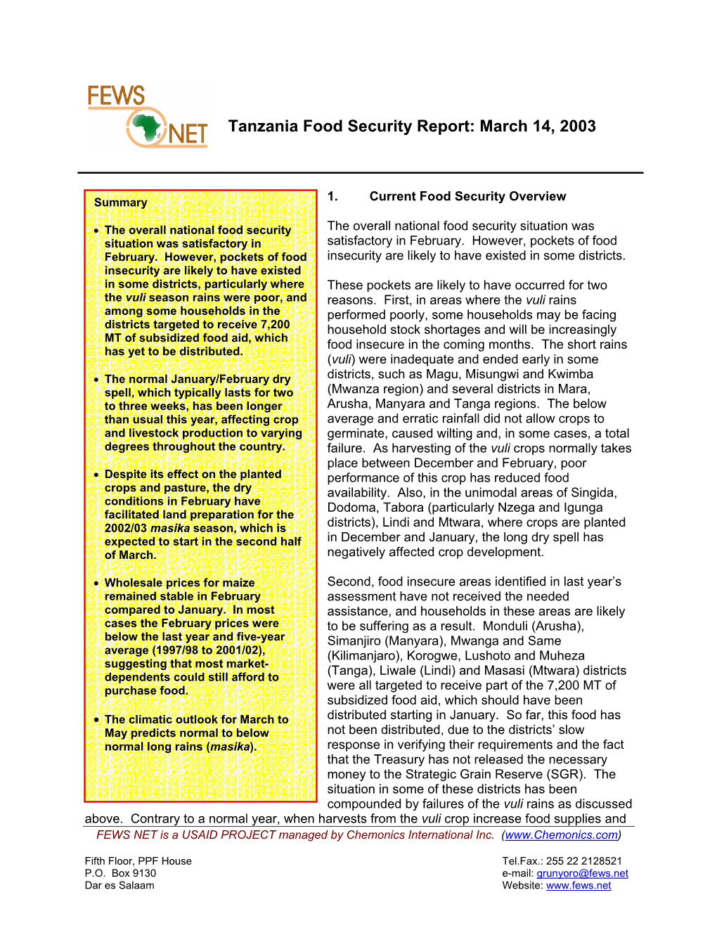 Tanzania Food Security Report: March 14, 2003