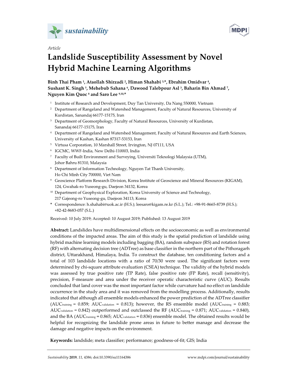 Landslide Susceptibility Assessment by Novel Hybrid Machine Learning Algorithms