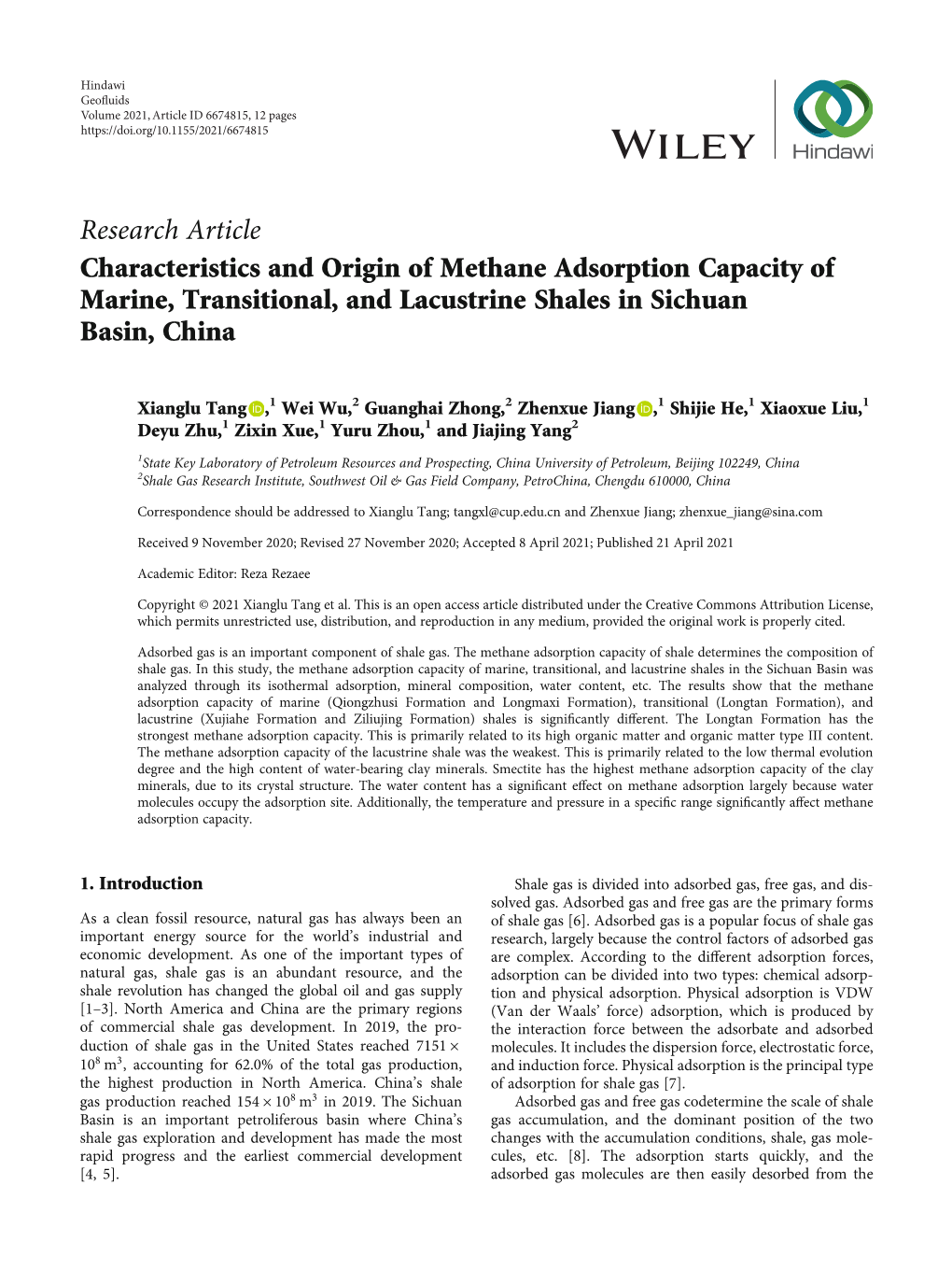 Characteristics and Origin of Methane Adsorption Capacity of Marine, Transitional, and Lacustrine Shales in Sichuan Basin, China