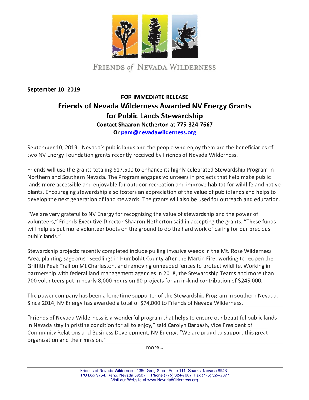 Friends of Nevada Wilderness Awarded NV Energy Grants for Public Lands Stewardship Contact Shaaron Netherton at 775-324-7667 Or Pam@Nevadawilderness.Org