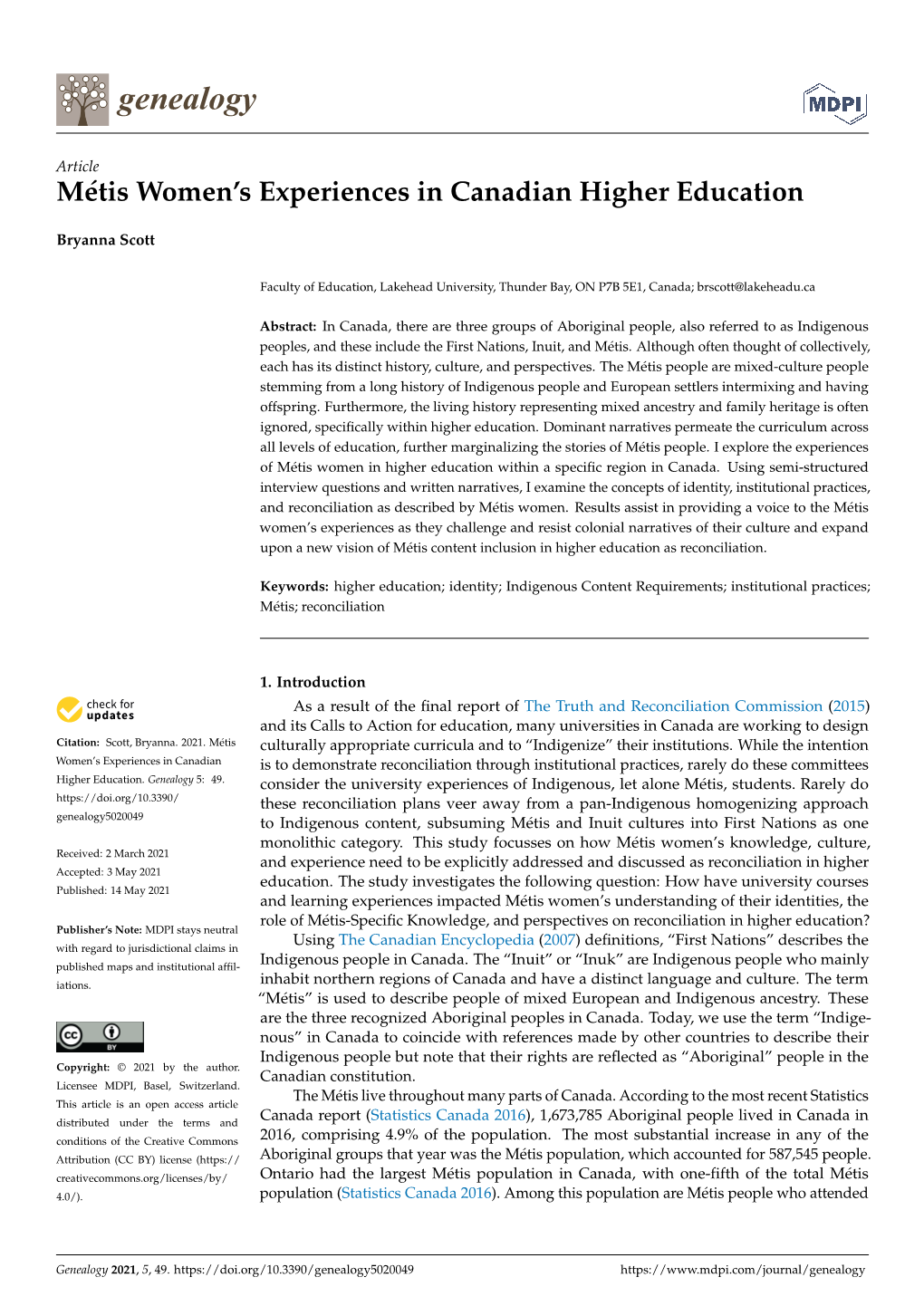 Métis Women's Experiences in Canadian Higher Education