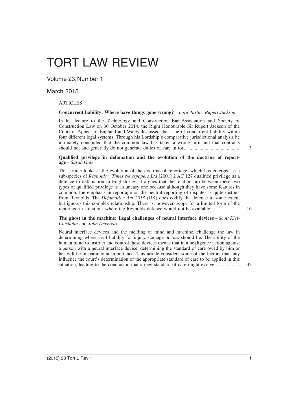 Tort L Rev Vol 23 No 1 Contents