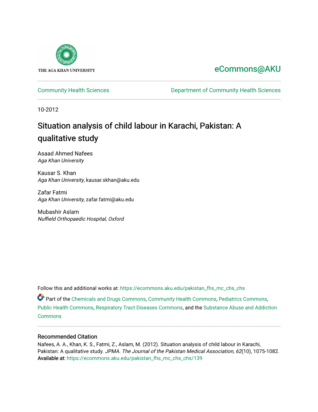 Situation Analysis of Child Labour in Karachi, Pakistan: a Qualitative Study