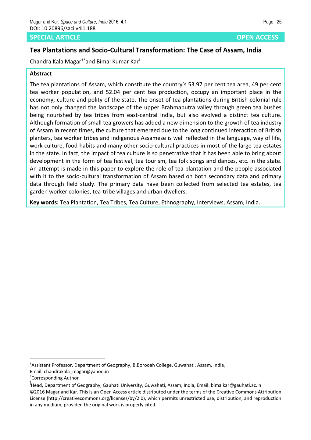 SPECIAL ARTICLE OPEN ACCESS Tea Plantations and Socio-Cultural